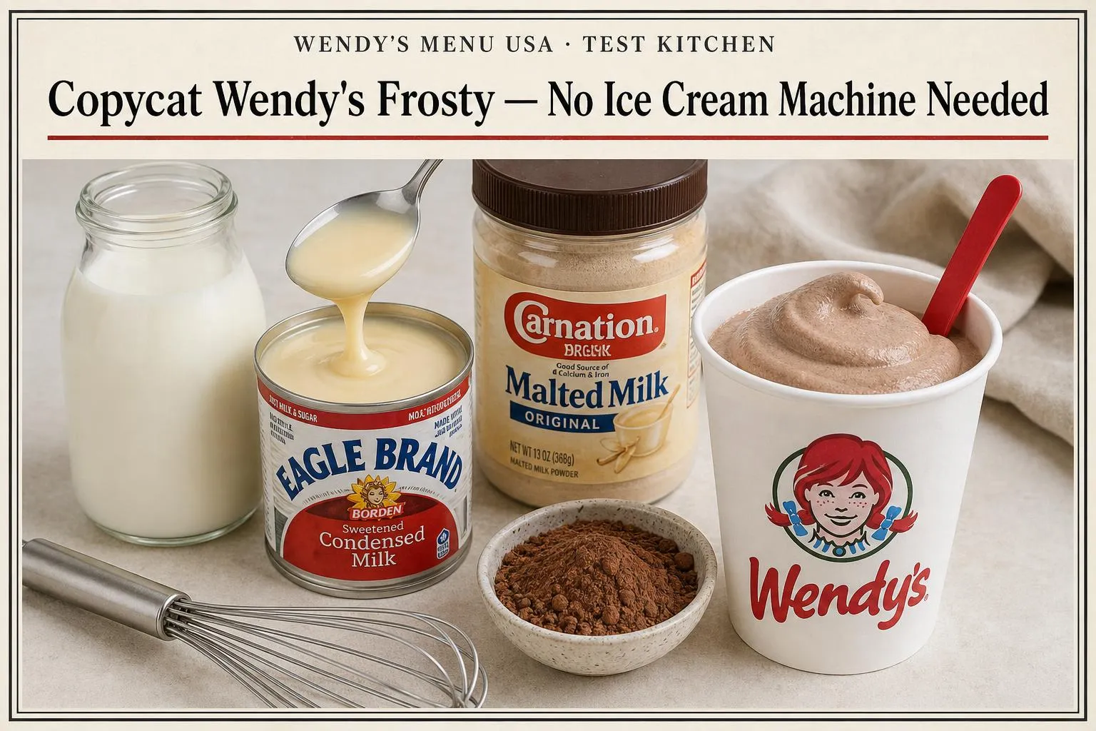 Homemade Wendy's-style chocolate Frosty in a glass with a spoon standing upright, beside its four ingredients