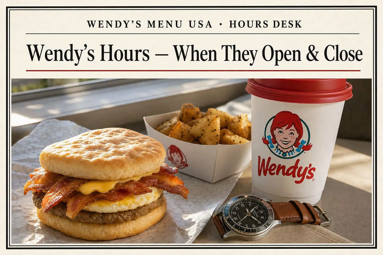 Wendy's breakfast sandwich, seasoned potatoes, and coffee — Wendy's hours guide